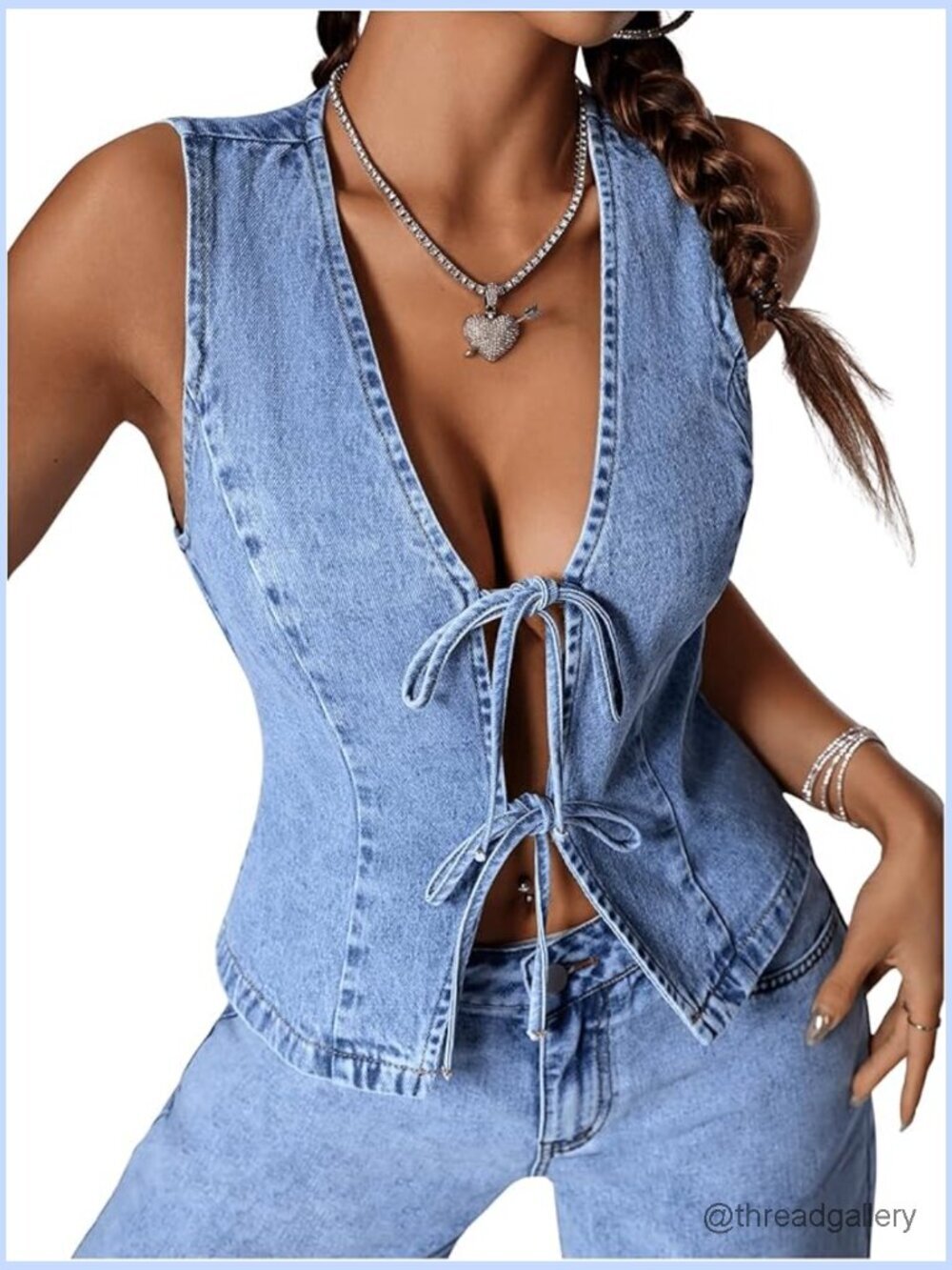 Sleeveless Denim Vest Tie Front Deep V Neck Y2K Jean Jacket